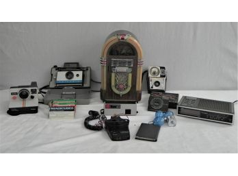 Antique Camera Lot Including Vintage Ansco Cadet Reflex Camera, Model JB-1 Mini Juke Box Am/fm/cassette Radio