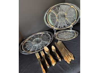 Set Of Eight Custom Craft Gold Plated Flatware With Three Vintage Glass Serving Platter