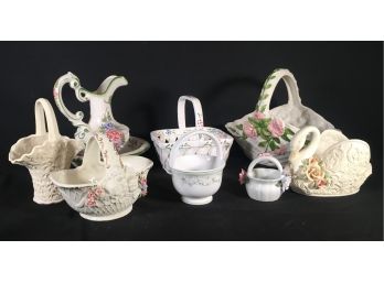 Nine Pieces Of Decorative Pottery - Baskets, Pitcher & Bowl - Portugal