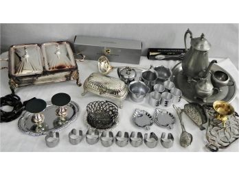 Table And Ovenware Lot Includes Vintage Pewter Tea Set, OvenProof By Canchor Hocking Bakeware