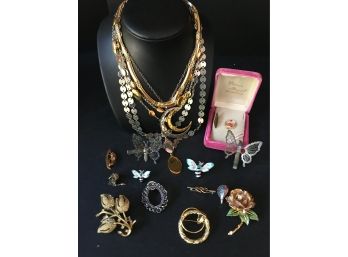 Assortment Of Womens Jewelry Including Necklaces And Brooches, Pins And Decorative Hairpins.