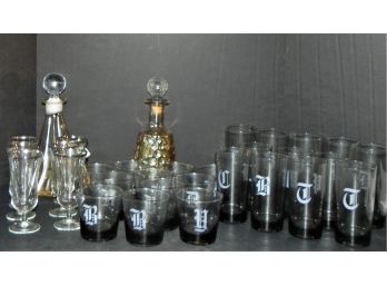 Mid Century Smoked Monogrammed Tumblers And Rock Glasses, Vintage Marigold Carnival  Decanters,  And More