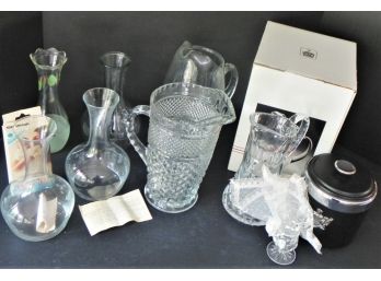 Mixed Lot Of Beverage Decanters, With Casa Crystal Pitcher, Glass Wine Carafe, Zawiercie Crystal And More.
