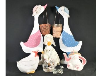 Hand Painted Wooden Geese Planters, Rabbit Teapot, Duck Cookie Jar, Goose Doorstop & Glass Swan Figurines