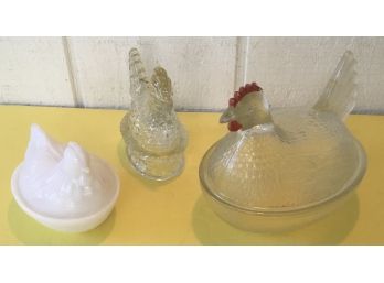 Vintage Trio Of Glass Chickens