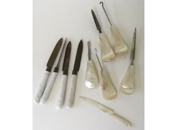 Antique MOP Manicure Set & Porcelain Knives