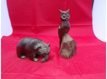 2 Wood Carvings Owl And Bear