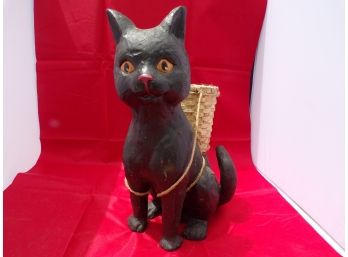 Vintage Plaster Black Cat W/basket