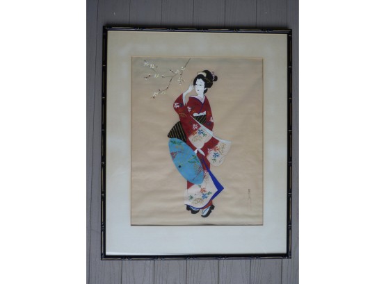 Japanese Gouache Geisha Painting On Silk