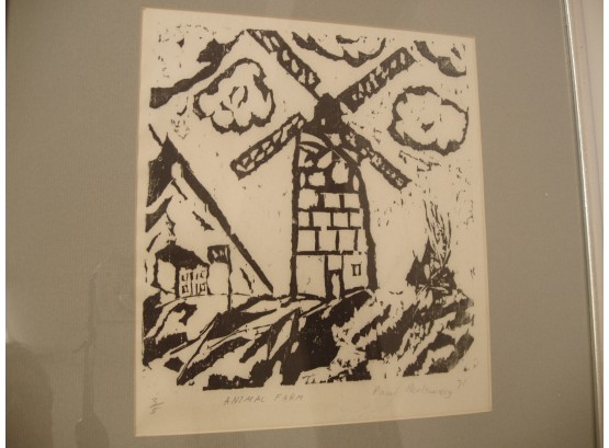 Original Linocut Print Titled Animal Farm Signed  Paul Perlsweig 71 No 3/5, Framed