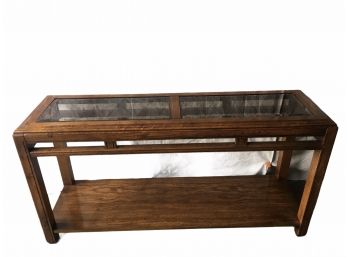 Vintage 1980's Wood And Smoked Glass Console Table.
