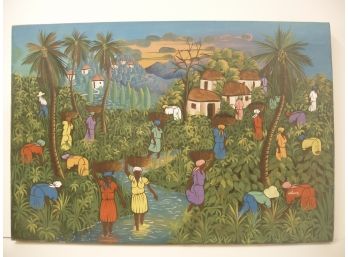 Oil Painting Of Canvas Of Haitian ? Caribbean Island Village Scene Signed By ?