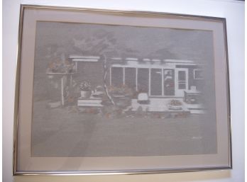 Signed ? 1988 Pastel Of Mid-Century Modern Home MCM