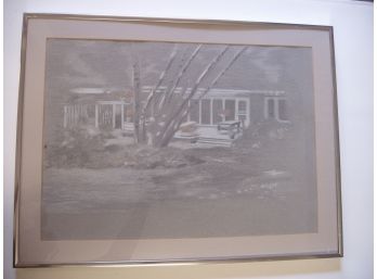 Signed ? 1988 Pastel Of MCM Mid-Century Modern Home, Number 1
