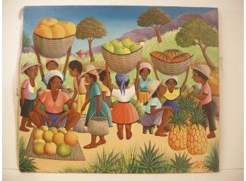 Oil Painting Of Canvas Of Haitian ? Caribbean Island Market Scene Signed ?