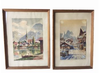 Pair Of Vintage Original Aquarells - Watercolors Signed GOK.M.