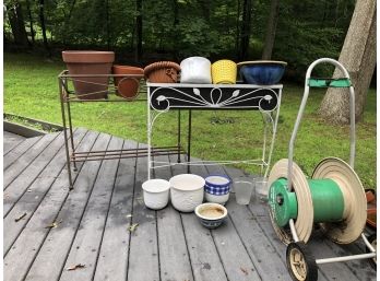 Plant Lovers Delight! Two Metal Plant Stands, 13 Assorted Pots, Hose Reel, And Small Garden Cart