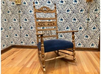 Tall Oak Victorian Carved Wood Rocking Chair - Fabric Chair Pad  43'Tall