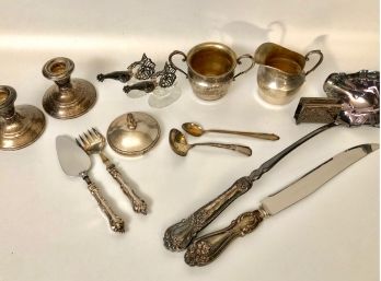 14pc Sterling - Candlesticks, Cream & Sugar, Crystal Based Roosters, Salt Cellars And More