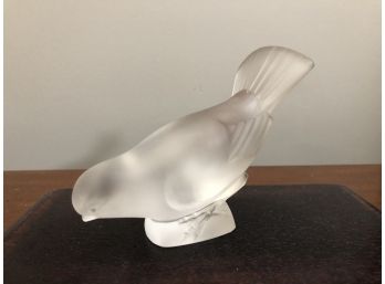 Lalique Frosted 'Sparrow' Bird - Head Down, 4'H Signed - Plus Wooden Tray Base