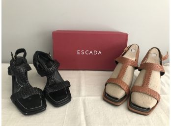 Escada 'Charlot' Sandals - Black & Cognac - Size 8  MSRP $400 Each - One With Box
