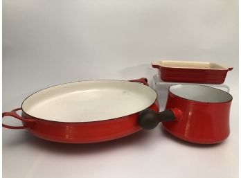 RED! Dansk & Le Crueset!  Dansk Kobenstyle Red Enamel Handled Milk Warmer And Paella Pan, Le Crueset 7x5
