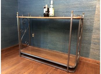 Brass And Oak Free Standing Bar - Silver Brushed Metal Accents - 48' Long