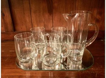 MCM Handled Glass Pitcher, 4 Handled Mugs/Beer Steins/Irish Coffee Glasses & Mirrored Tray