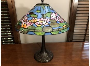 Tiffany Style Table Lamp, Water Lily Themed Shade And Metal Base  - 23'H Marked Dale Tiffany
