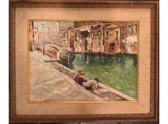 Original Signed Oil On Canvas- Venice Scene - Rustic Wood Frame - 20.5x17.5
