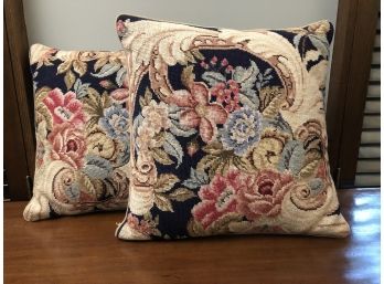 Vintage Needlepoint Pillow Pair - Floral With Velvet Back - 15'Square