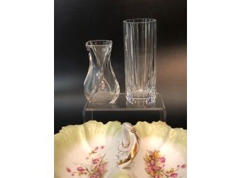 Baccarat Vase Pair And Two Section Vintage Handled Serving Dish
