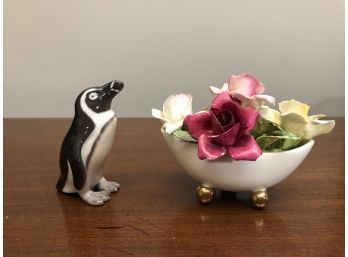 Capodimonte Porcelain Flower Basket And Bing & Grondahl Penguin #1821
