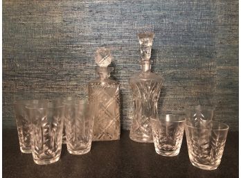 Decanter Pair And 8 Crystal Cut Glasses