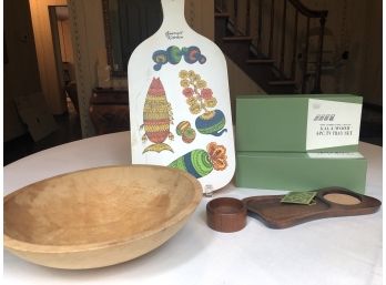 Vintage Wood Items - 11x3 Wooden Bowl, NIB Miniature TV Trays, Vtg Wood Bread Board, Salt Cellar