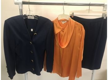 3pc St. John Collection  - 2pc Knit Suit Jacket/Skirt And Orange Silk Blouse - Size 8