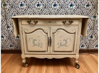 Karges French Provincial Drop Leaf Cart With Drawer/Cabinet On Wheels - Hand Painted  38'L Plus 2 10' Leaves