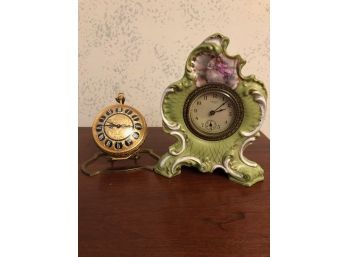 Vintage Ernest Borel Versailles Pocket Watch On Stand & New Haven USA Ceramic Clock