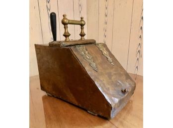 Antique Copper Clad Coal Scuttle And Shovel - Brass Handle And Hinges