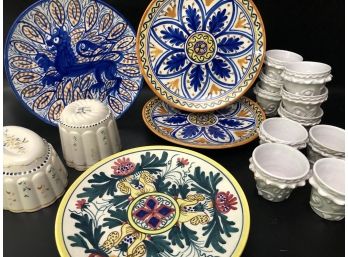 4 Display Plates From Spain, 2 Portugese Ceramic Molds, 10 Ceramic Votive Holders