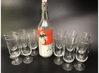 Art Deco Bottle & 10 Small Mimosa Sized Juice Glasses