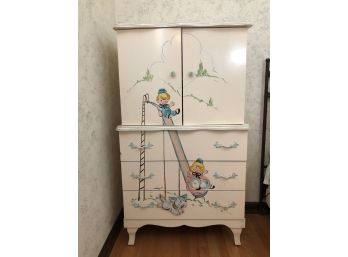 Vintage Child's Wood Dresser Armoire - Hand Painted With Scalloped Edge - 28x17x50