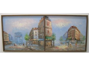 BURNETT Pair Of French Impressionist Street Scene Paintings In Single Divided Frame