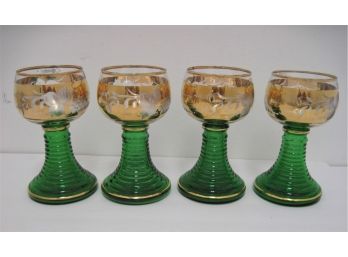 Set Of 4 Vintage Mid Century Roemer Gilt Etched Emerald Wine Goblets