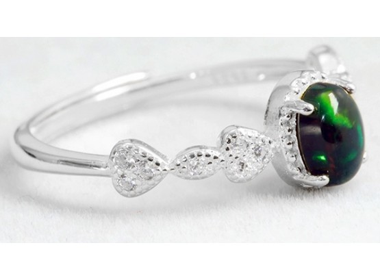 Genuine .30ct Ethiopian Black Opal & Created White Topaz Sterling Silver Adjustable Open Ring
