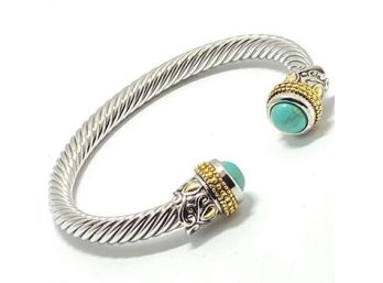 Cable Cuff Bangle Created Turquoise Bracelet Two-Tone 14k Gold Overlay
