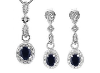 2/3CT Genuine Sapphire & Diamond Accent Sterling Silver Earring And Pendant Set
