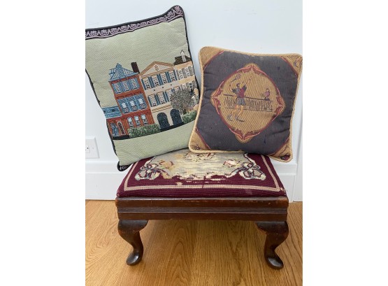 Vintage Upholstered Ottoman & 2 Throw Pillows