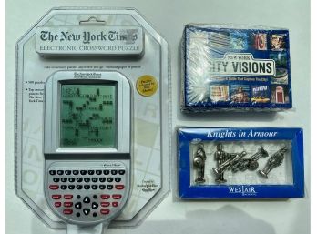 New In Box New York Times Crossword Game, City Visions Card Game & Westair Knights Figurines