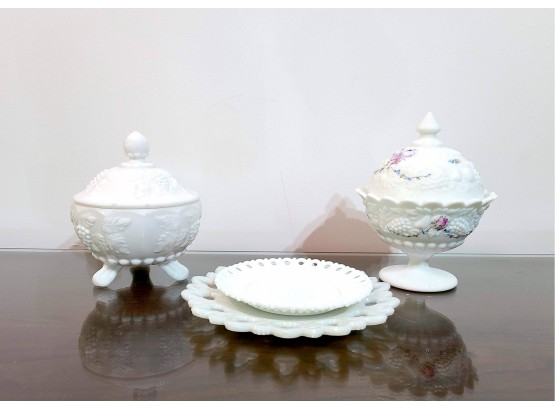 Group Of Milk Glass Lidded Dishes And Small Dishes